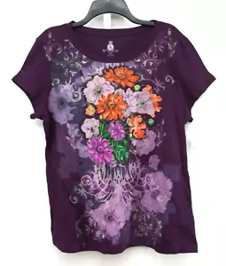 Jerry Leigh Shirt Womens Size XXL Purple Floral Glitter Print Short Sleeve Top - Picture 1 of 8