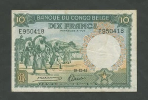 BELGIAN CONGO 10 francs 1941 Krause 14 Very Fine World Paper Money - Picture 1 of 4