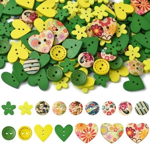 200PCS Mixed Wooden Buttons Yellow & Green Heart Flower Shapes for DIY Crafts - Picture 1 of 8