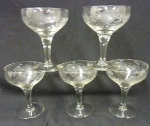 VINTAGE CHAMPAGNE WINE COUPE GLASSES FLORAL ETCHED ROSE WHEAT PATTERN SET OF 5 - Picture 1 of 9