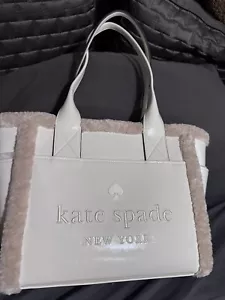 AUTHENTIC KATE SPADE PATENT LEATHER FAUX SHEARLING SATCHEL PURSE ELBOW BAG BEIGE - Picture 1 of 6