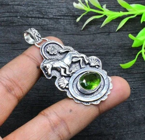 Green Peridot Gemstone Handmade 925 Sterling Silver Jewelry Deer Pendant Sz-2" - Picture 1 of 7