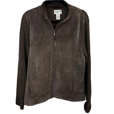 Pendleton Jacket Womens Medium Full Zip Leather & Merino Wool Coat Brown Knit E3 - Image 1 of 4