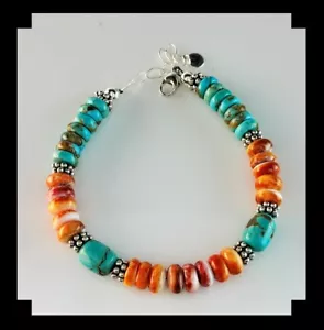 White Fox Creation: Chunky # 8 Turquoise and Spiny Oyster Bracelet - Picture 1 of 4