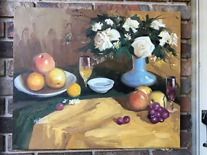 Dipinto Olio di Natura Morta Frutta e Floreale Alta Qualità-20"x24-Allungato.Nuovo - Foto 1 di 2