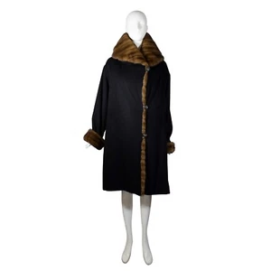J.MENDEL Black Cashmere Natural Brown Mink Fur Trim Shawl Collar Hooded Coat M L - Picture 1 of 12