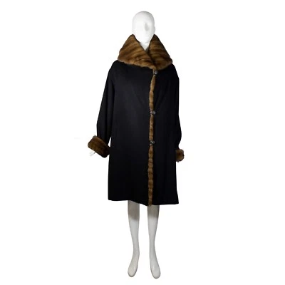 J.MENDEL Black Cashmere Natural Brown Mink Fur Trim Shawl Collar Hooded Coat M L - Image 1 of 4