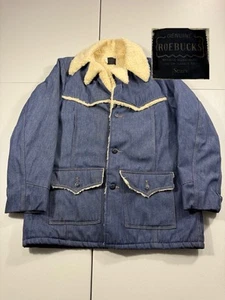 VTG Roebucks Jacket Mens XL 46 Tall Western Denim Sherpa Fur Rancher Cowboy 70s - Picture 1 of 16