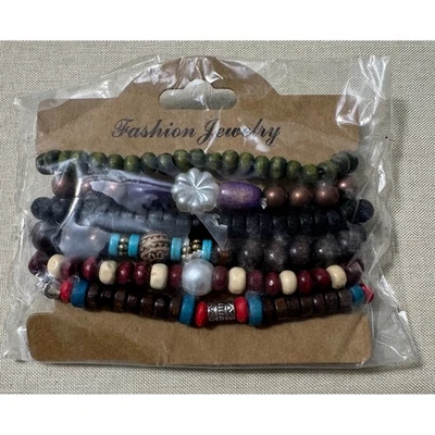 Conjunto de pulsera con cuentas boho cuentas de madera multicolor apilable joyería de moda Foto 1 de 4