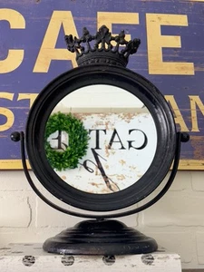 Freestanding Matte Black Distressed Swivel Tabletop Decorative Crown Mirror 14" - Picture 1 of 15