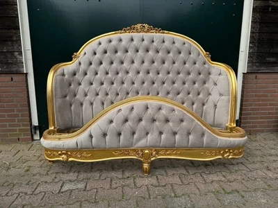 Bedframe Antique French Louis XVI 1880 Corbeille Gold Gilded Velvet Beech - Image 1 of 4