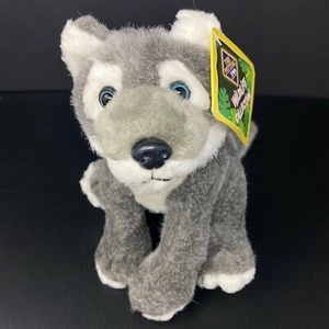 The Petting Zoo Grigio Bianco Husky Cane Peluche Legno Lupo Peluche Occhi Blu - Foto 1 di 6
