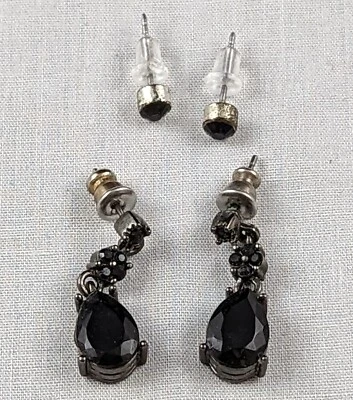 Lote de 2 Pares Pendientes Postes Tachuelas Tono Plata Negro Imitación Piedras Cuelga Gotas Foto 1 de 4