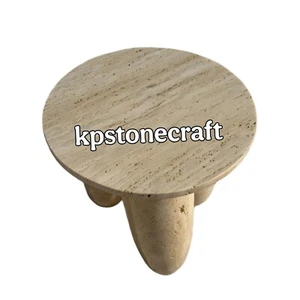 Tri-Legged Travertine End Table – 16” Unfilled Honed Beige Marble Side Table - Picture 1 of 7