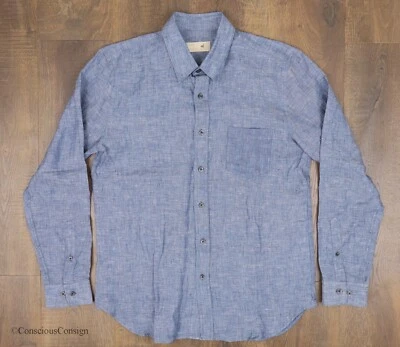 120% Lino Linen XL Blue Linen Mini Check Stripe Long Sleeve Button Shirt - Image 1 of 4