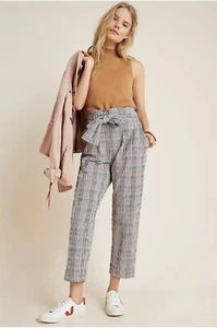 Anthropologie Pants Womens 4 Blue Plaid Hazelle Slim Seersucker Paperbag Waist - Picture 1 of 19