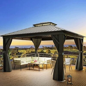 12x14ft Outdoor Double Tier Hardtop Gazebo Canopy Galvanized w/ Curtains Netting - Picture 1 of 7