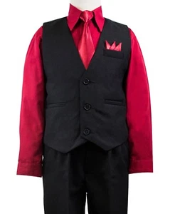 Boys Solid Black Vest Suit Set with Colored Dress Shirt, Tie, Size 2T-14 Wedding - Picture 1 of 11