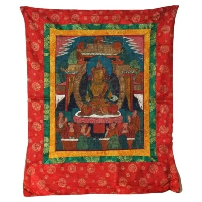 Antiguo Thangka tibetano pintado a mano de seda y lienzo con figuras C1920 Foto 1 de 4