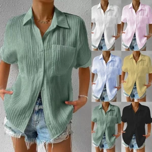 Plus Size Women Summer Tunic Shirts Short Sleeve Blouse Ladies Button Down Tops - Picture 1 of 23