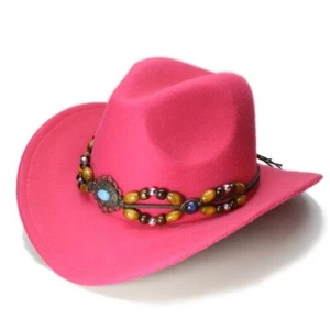 Pink Cowboy & Cowgirl Hat – Wide Brim, Brown Bead Strap, Retro Western Look - Picture 1 of 3