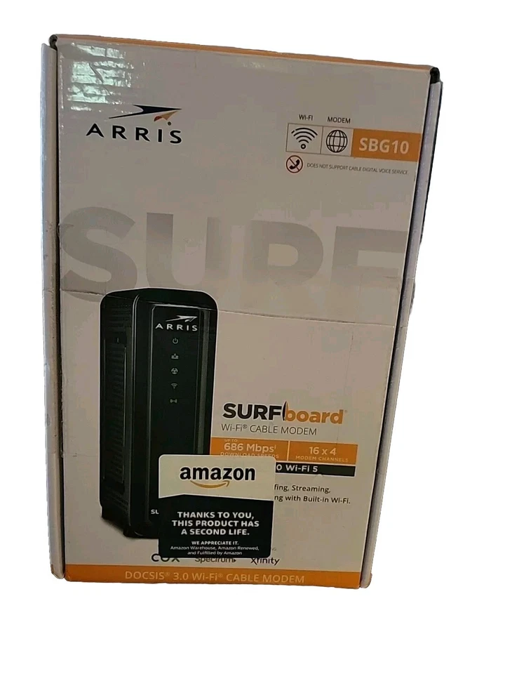 ARRIS SURFboard SBG10 DOCSIS 3.0 16x4 Gigabit Cable Modem & AC1600 Wi-Fi Router - Image 1 of 3
