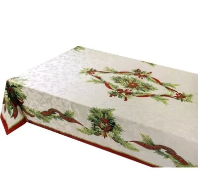 Christmas Ribbons Benson Mills Winter Printed Fabric Table Cloth 60x104 Holidays - Image 1 of 4