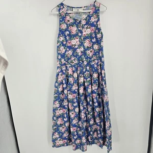 Vtg Eileen West Floral Sundress S Blue Pink Cotton Sleeveless Cottagecore A Line - Picture 1 of 7