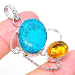 Santa Rosa Turquoise,Citrine Gemstone 925 Sterling Silver Pendant 2.01" Y533 - Picture 1 of 8