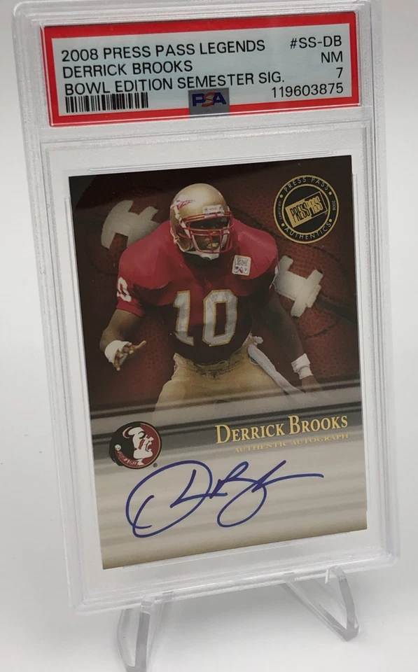 Tarjeta Auto Derrick Brooks 2008 Pase de Prensa LEYENDAS Firmada FSU BUCCANEERS HOF PSA 7 Foto 1 de 4