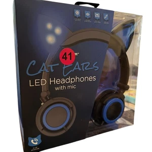 Hype Cat Ears LED Headphones with Mic Blue Light Up Over Ear Foldable - Picture 1 of 3