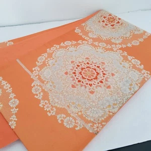 Kimono giapponese seta arancione albicocca vintage Fukuro Obi cintura fascia runner da tavolo FI - Foto 1 di 7