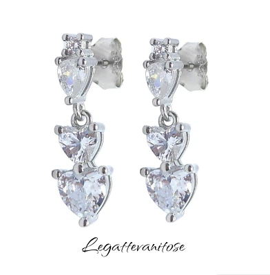 Orecchini Donna in argento 925 RODIATO. Orecchini CUORI PENDENTI cuori bianchi - Immagine 1 di 4