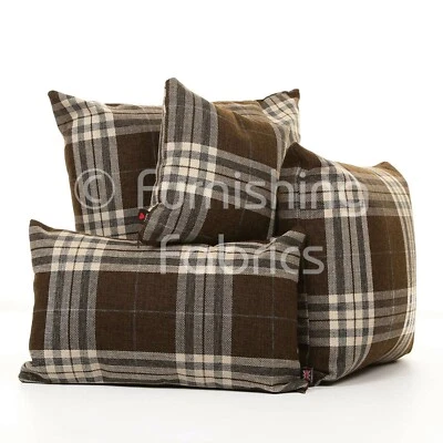 Brown Soft New Tartan Striped Pattern Fabric Cover Filled Cushion & British Made - Image 1 of 4