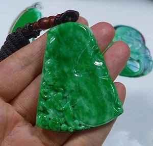 Cert'd Vintage Natural Type A Green Jadeite Jade Lotus Frog(荷趣)Pendant - Picture 1 of 8