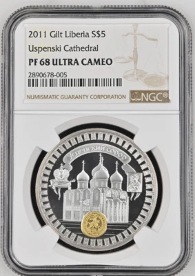 10 DOLLARS 2011 LIBERIA USPENSKI CATHEDRAL SILVER PROOF NGC PF68 - Image 1 of 4