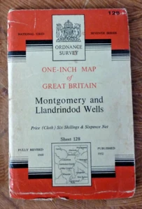 Ordnance Survey Cloth Map Sheet 128 Montgomery & Llandrindod Wells 1952 Carno - Imagen 1 de 1