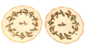 ANTIQUE T & V LIMOGES FRANCE HOLLY BERRIES bread plate GOLD SCALLOPED EDGE set/2 - Picture 1 of 3