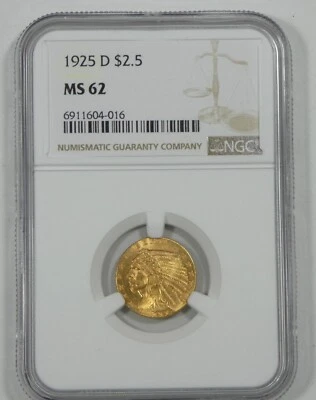 1925-D GOLD Indian Head $2.50 Quarter Eagle CERTIFIED NGC MS 62 - Image 1 of 4