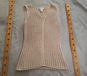 Vintage Talbots Pullover Damen mittelbeige cremefarben Stretch V-Ausschnitt Kabelstrick Oberteil - Bild 1 von 11
