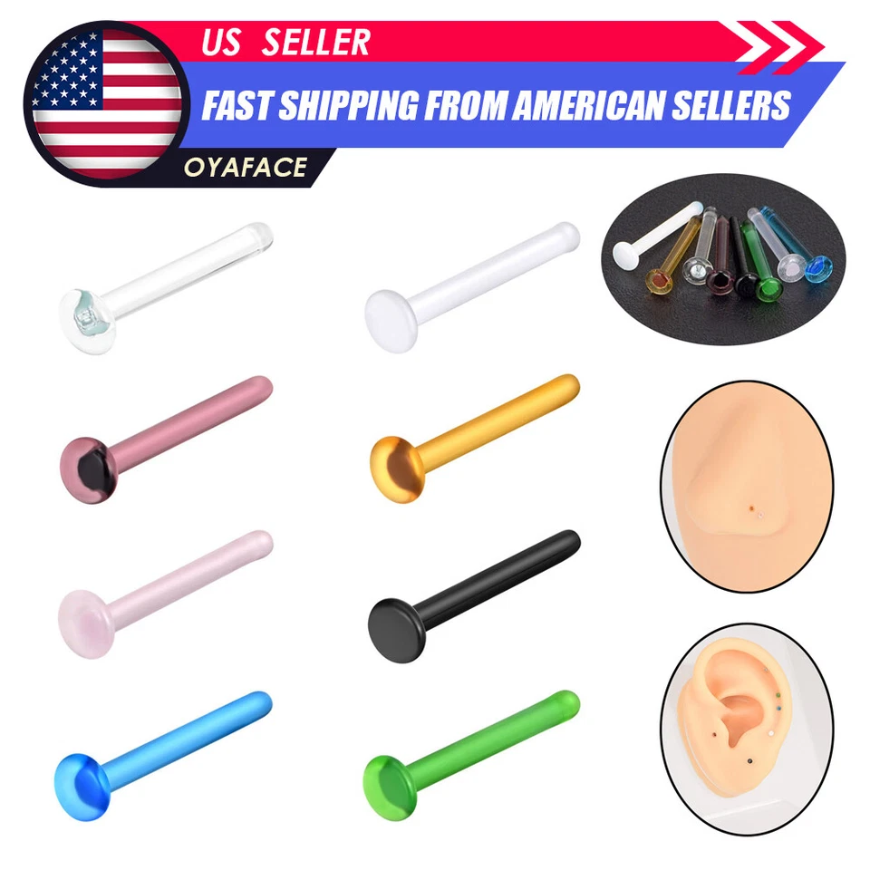 1x Glass Nose Studs Colorful Straight Bone Studs Nose Ring Earrings Piercing 20G - Image 1 of 4