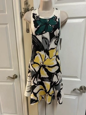 Novo com etiquetas Karen Kane Vestido Feminino Pequeno Marfim Grande Floral Bainha Flutuante Artístico Vibrante - Imagem 1 de 4