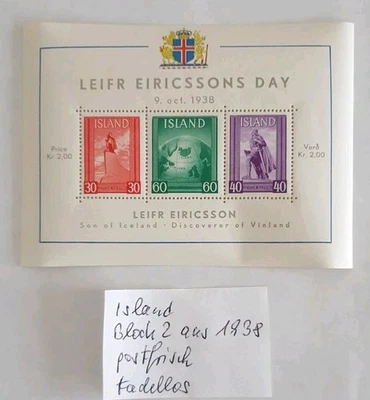 Iceland Block 2 from 1938 MNH *Leifer Eicricssons Day* 1a Excellent Impeccable - Image 1 of 4