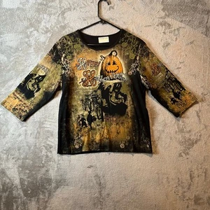 Vintage Y2K Happy Halloween Langarm Kürbis Strass gruselig groß 90er - Bild 1 von 5
