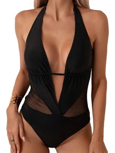 SOLY HUX Women's One Piece Swimsuits Deep V Neck Halter Mesh Monokini Bathing L - Picture 1 of 4