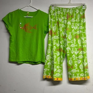 Pijama para mujer HUE mediano verde estampado de peces ropa de salón conjunto playa tropical - Imagen 1 de 8