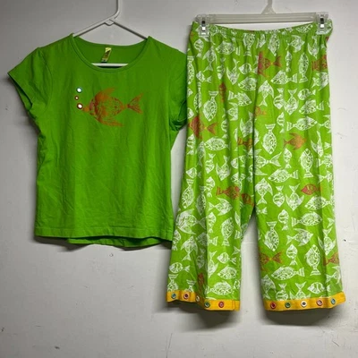 HUE Women's Medium Green Fish Print Pajama Lounge Wear Outfit Beach Tropical - Image 1 of 4