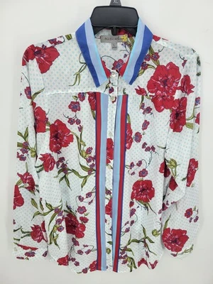 Top de mujer Fig and Flower grande rojo blanco floral con botones a rayas en contraste boho Foto 1 de 4