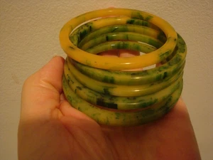 Five 3/16" Vintage Bakelite Bracelets! Marbled Emerald Green & Yellow Colors! - Picture 1 of 10
