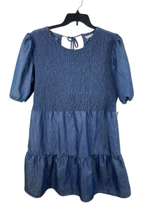 Given Grünkohl blau Denim gesmoktes Babydoll Kleid Puffärmel L Stufen Chambray Neu mit Etikett - Bild 1 von 13